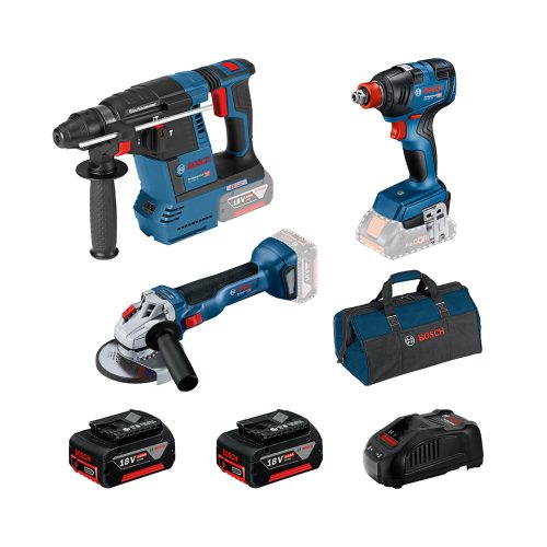 Bosch GBH 18V-26 + GDX 18V-200 + GWS 18V-10 2x5.0 Ah szett