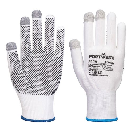 Portwest A118 Grip 13 PVC pöttyös érintőképernyős kesztyű (12 pár) Fehér / Szürke - XS